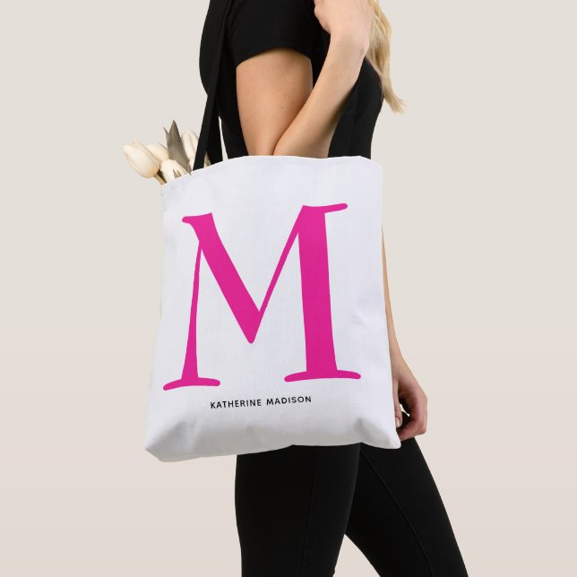 Elegant Hot Pink Monogram Name Tote Bag (Close Up)