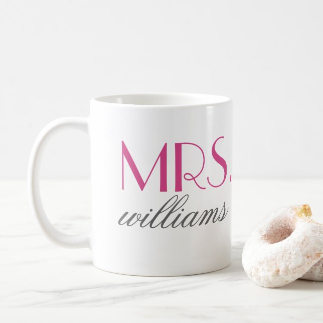 Elegant Hot Pink Mrs Wedding Monogram Coffee Mug (With Donut)