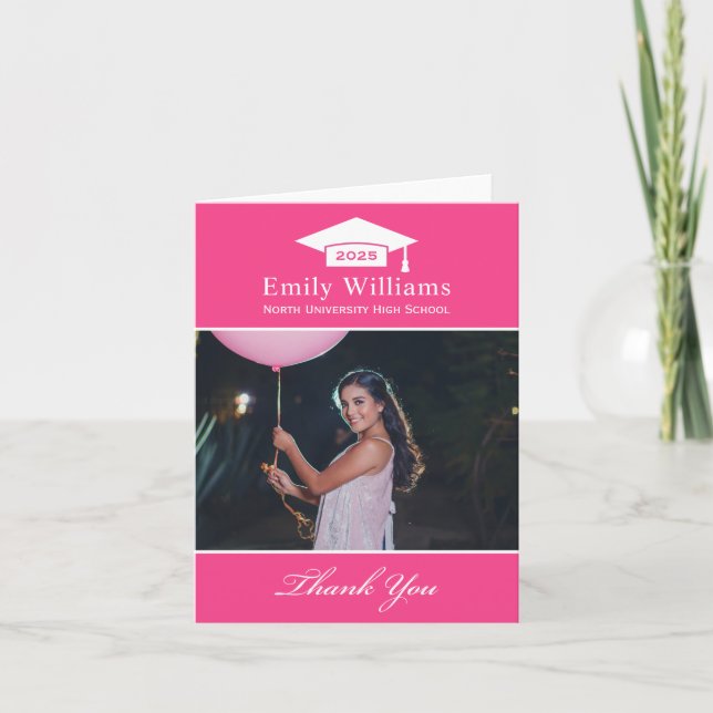 Elegant Hot Pink Personalized Graduation Photo Thank You Card (Front)