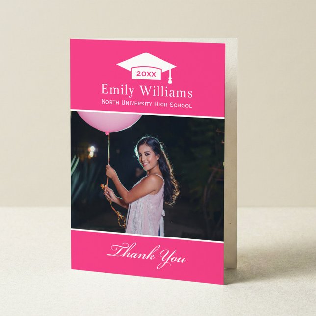 Elegant Hot Pink Personalized Graduation Photo Thank You Card (Creator Uploaded)