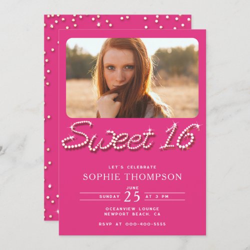Elegant Hot Pink Rhinestones Chic Sweet 16 Photo Invitation