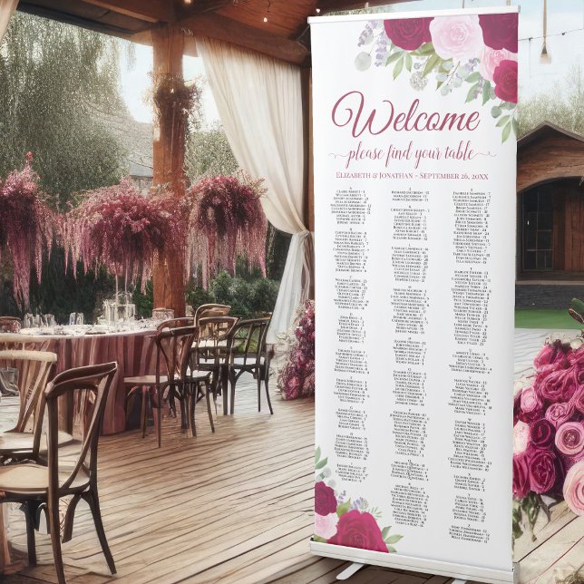 Elegant Hot Pink Roses Alphabetical Seating Chart Retractable Banner (Creator Uploaded)