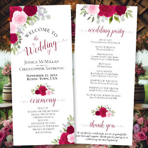 Elegant Hot Pink Roses Watercolor Floral Wedding Program