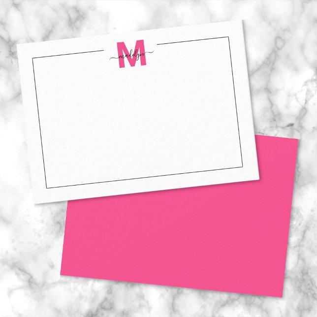 Elegant Hot Pink Script Monogram Note Card (Black Pink Script Name Monogram Note Card)