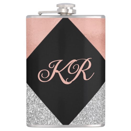 Elegant Hot Pink Silver Glitter Black Monogram Flask