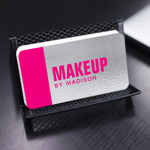 Elegant Hot Pink Silver Modern Chic Makeup Artist Business Card