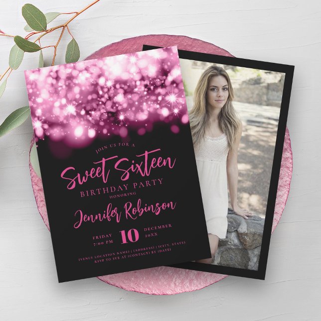 Elegant Hot Pink Sparkle Lights Photo Sweet 16   Invitation (Elegant Hot Pink Sparkle Lights Photo Sweet 16 Invitation)