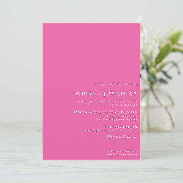 Elegant Hot Pink Trendy Script Minimal Wedding Invitation (Standing Front)