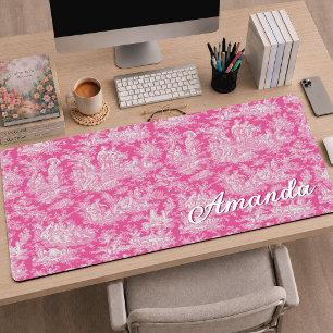 Elegant Hot Pink Vintage French Toile de Jouy Desk Mat
