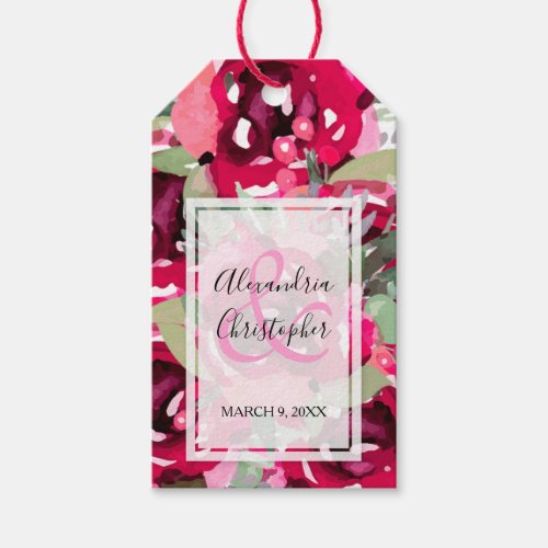Elegant Hot Pink Watercolor Floral Wedding Favor Gift Tags