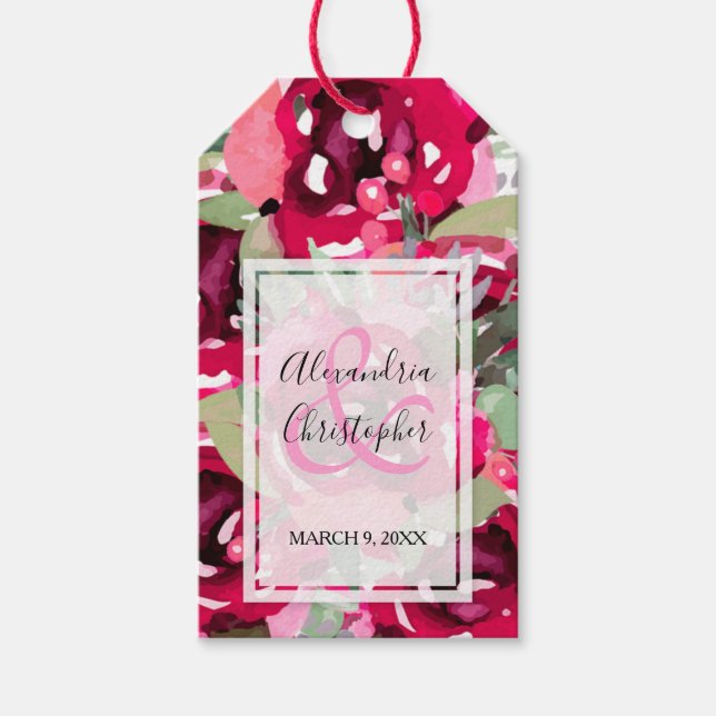 Elegant Hot Pink Watercolor Floral Wedding Favor Gift Tags (Front)