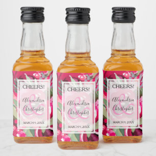 Elegant Hot Pink Watercolor Floral Wedding Mini Liquor Bottle Label