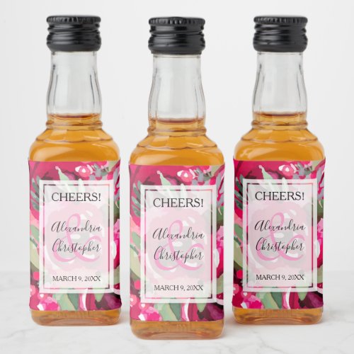 Elegant Hot Pink Watercolor Floral Wedding Mini Liquor Bottle Label