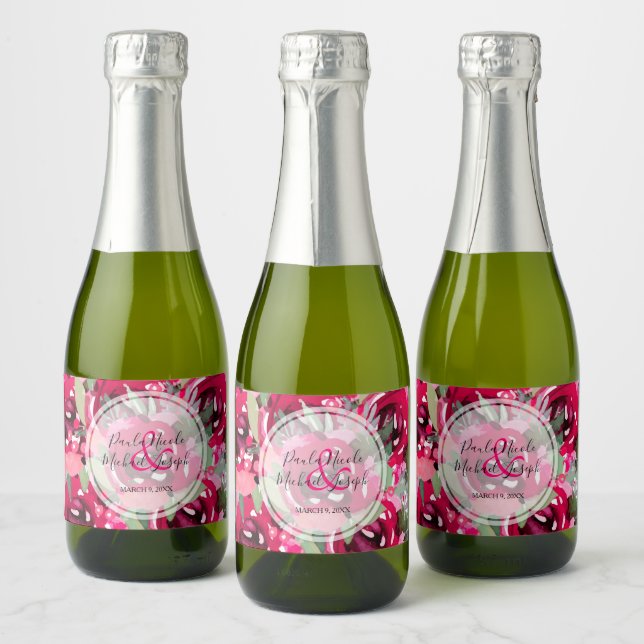 Elegant Hot Pink Watercolor Floral Wedding Mini Sparkling Wine Label (Bottles)