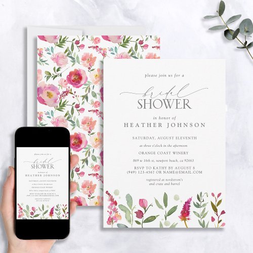 Elegant Hot Pink Watercolor Flowers Bridal Shower Invitation