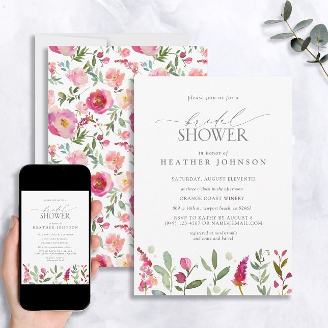 Elegant Hot Pink Watercolor Flowers Bridal Shower Invitation (Creator Uploaded)