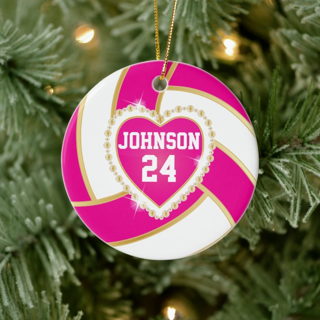 Elegant Hot Pink, White and Gold Volleyball Ceramic Ornament (Tree)