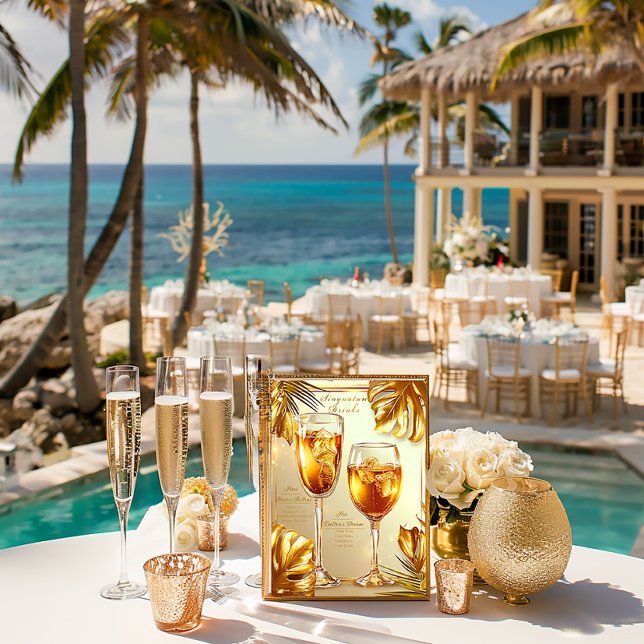 Elegant Hot Tropic Gilded Gold Signature Drinks Poster (Elegant Signature Drinks Gold Monstera Leaf Menu )