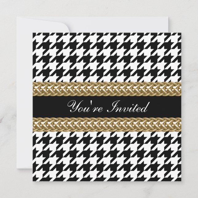 Elegant Houndstooth Black White Gold Party Invite (Front)