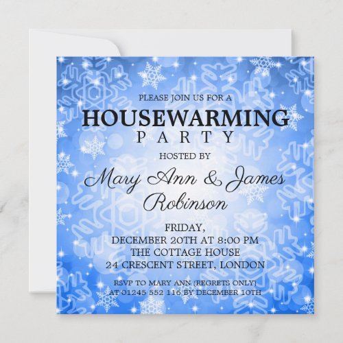 Elegant Housewarming Party Blue Winter Bokeh Invitation