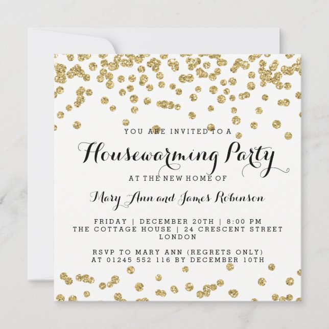 Elegant Housewarming Party Gold Glitter Confetti Invitation (Front)