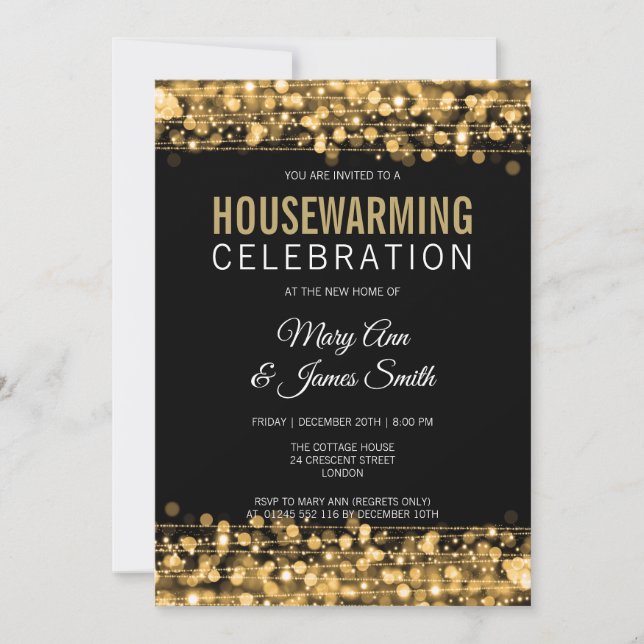 Elegant Housewarming Party Gold Lights & Sparkles Invitation (Front)