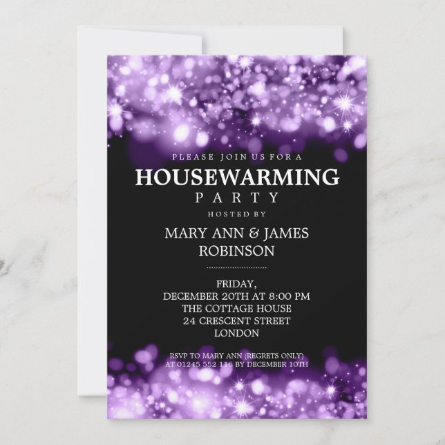 Elegant Housewarming Party Purple Sparkling Lights Invitation (Front)