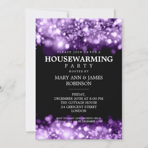 Elegant Housewarming Party Purple Sparkling Lights Invitation