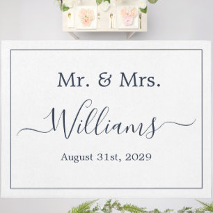 Elegant Huge White & Navy Blue Wedding Runner Rug