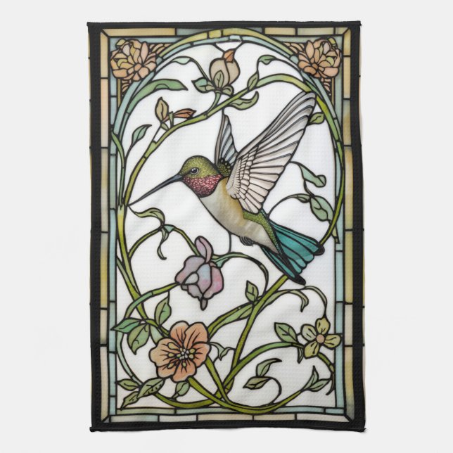 Elegant hummingbird artwork botanical boho chic kitchen towel (Vertical)