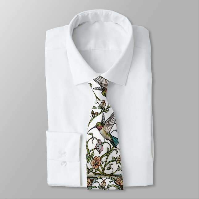 Elegant hummingbird artwork botanical boho chic neck tie (Tied)