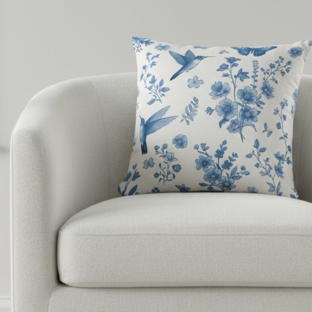 Elegant Hummingbird Butterfly Floral Blue Toile  Throw Pillow (Creator Uploaded)