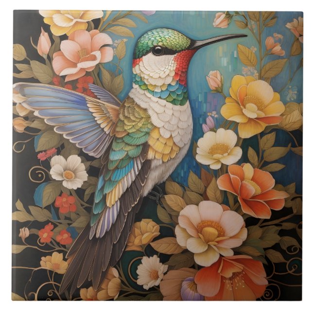 Elegant Hummingbird Floral Ceramic Tile (Front)