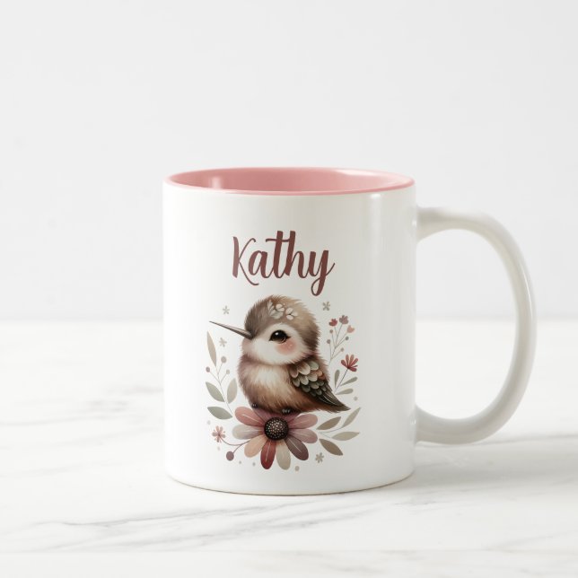 Elegant Hummingbird Floral Personalized Name Two-Tone Coffee Mug (Right)
