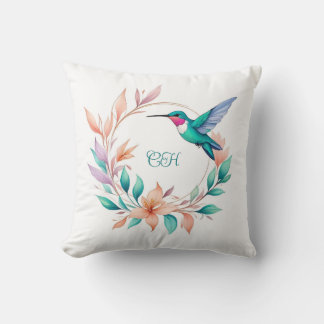 Elegant hummingbird floral wreath monogram throw pillow