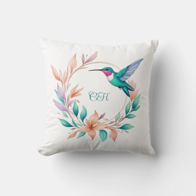 Elegant hummingbird floral wreath monogram  throw pillow (Front)