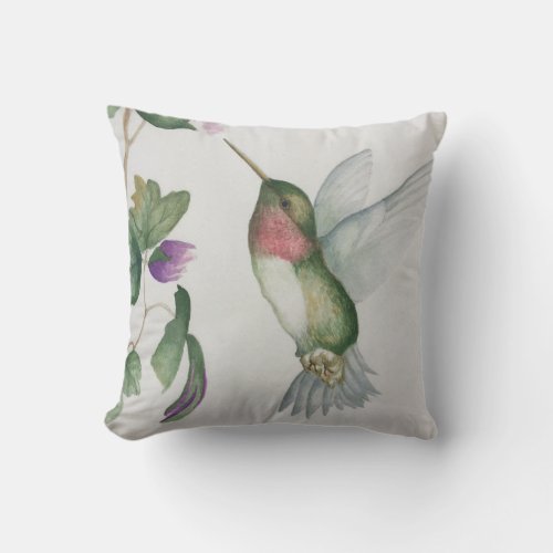 Elegant Hummingbird Garden Watercolor Throw Pillow