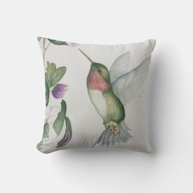 Elegant Hummingbird Garden Watercolor Throw Pillow (Front)