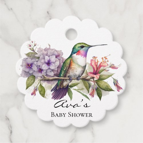 Elegant Hummingbird Purple Floral Girl Baby Shower Favor Tags