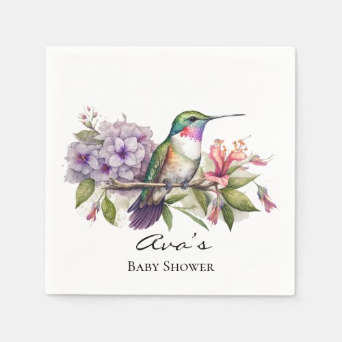 Elegant Hummingbird Purple Floral Girl Baby Shower Napkins