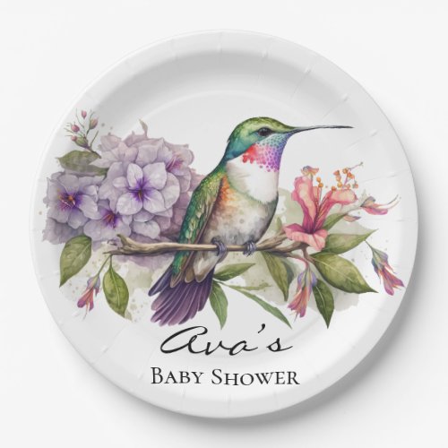 Elegant Hummingbird Purple Floral Girl Baby Shower Paper Plates