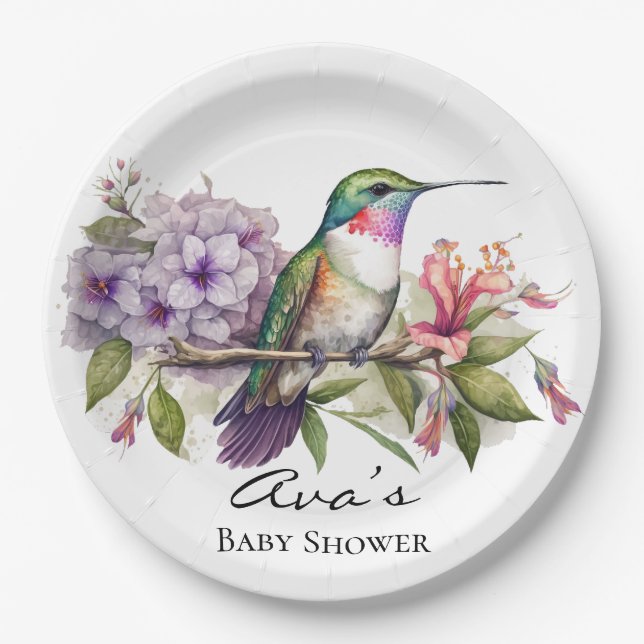 Elegant Hummingbird Purple Floral Girl Baby Shower Paper Plates (Front)