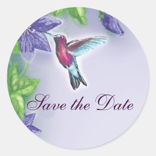 elegant hummingbird  purple flowers wedding classic round sticker