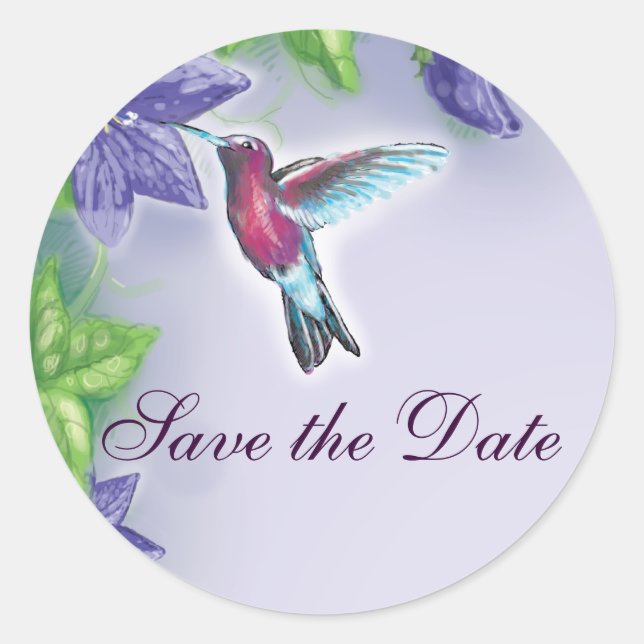 elegant hummingbird  purple flowers wedding classic round sticker (Front)