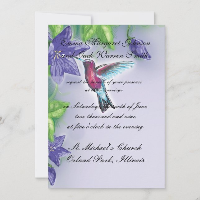 elegant hummingbird  purple flowers wedding invitation (Front)