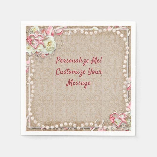 Elegant Hummingbird Romantic White Roses Pearls Napkins (Front)