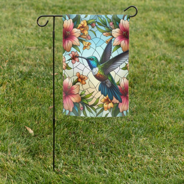Elegant Hummingbird Stained Glass Effect Garden Flag (In SItu)