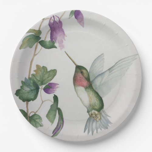 Elegant Hummingbird Watercolor Cream Pink Flower Paper Plates