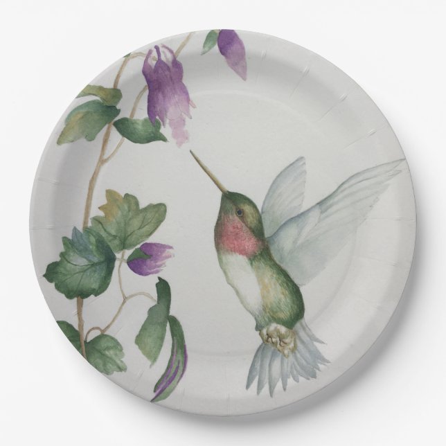Elegant Hummingbird Watercolor Cream Pink Flower Paper Plates (Front)
