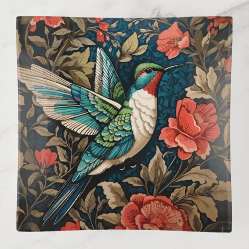 Elegant Hummingbird William Morris Inspired Floral Trinket Tray